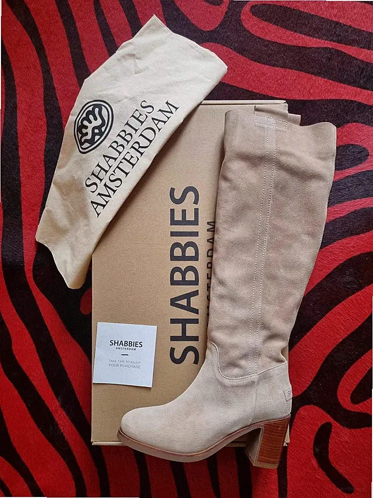 ❤️ SHABBIES Amsterdam 320€ Stiefel Overknees Boots 41 Wildleder sand beige taupe