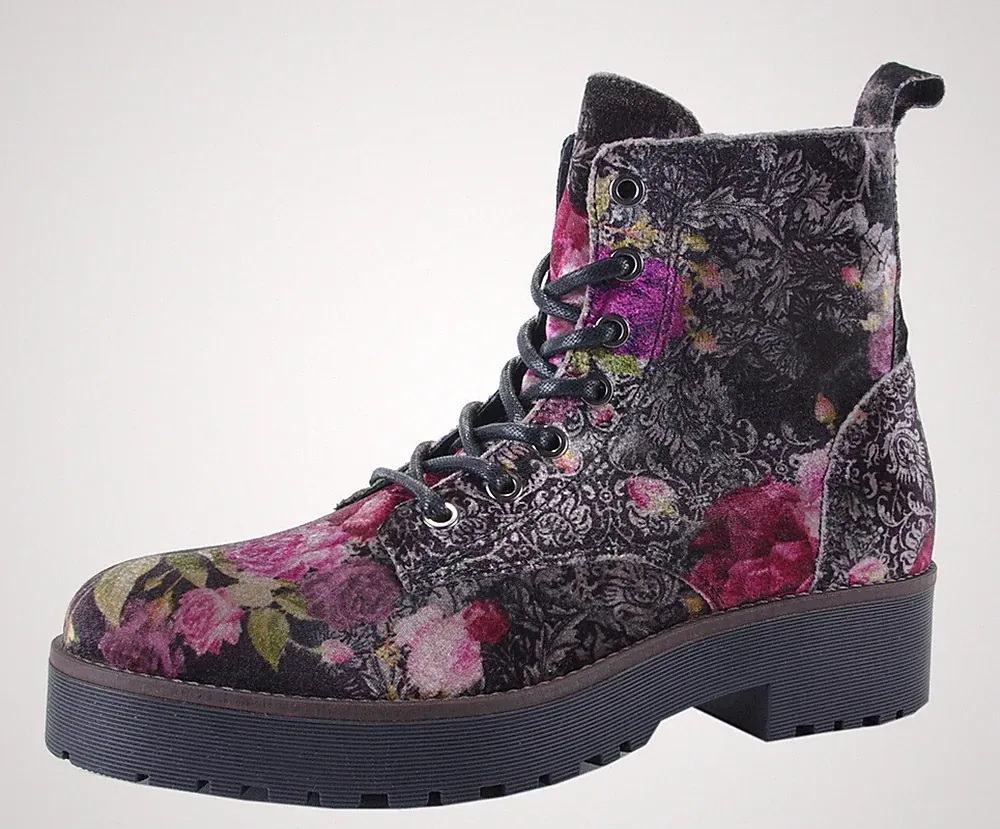 Shoecolate Damen hoher Schnürschuh gemusterter Samt schwarz-flieder NEU Gr.
