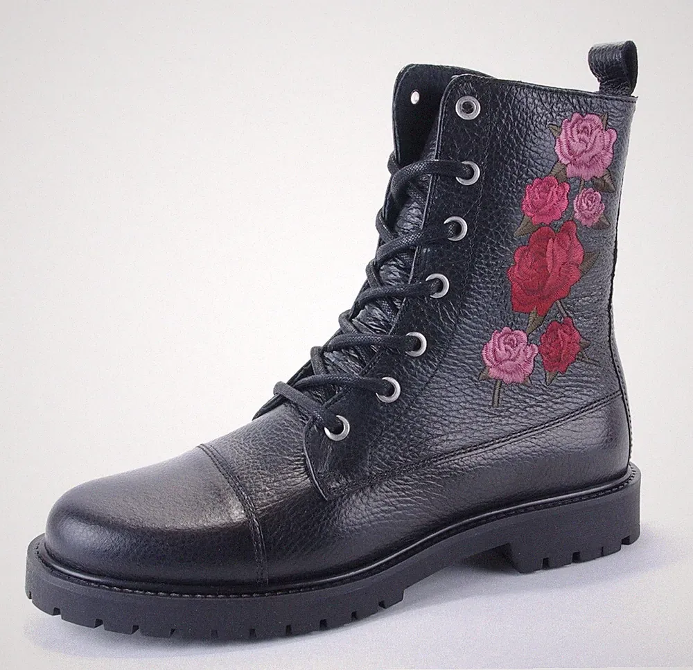 Shoecolate Damen Kurzstiefel schwarzes Strukturleder mit gestickten Rosen NEU Gr