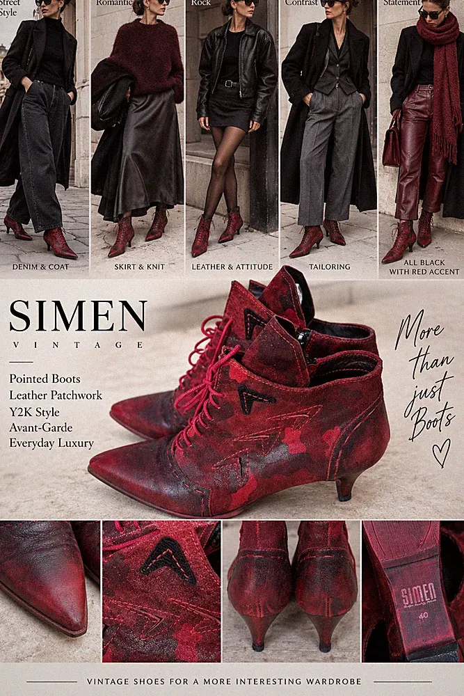 SIMEN Stiefeletten Leder Rot Bordeaux Y2K Pointed Boots Patchwork Gr 40