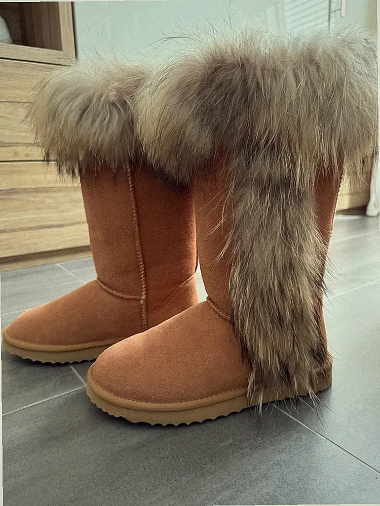 Sinly Stiefel Boots Winterstiefel Damen, Gr. 38 Leder Pelz Fell beige neuwertig