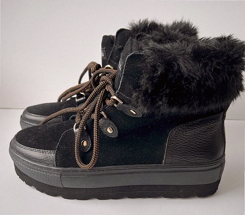 SIXTYSEVEN Spanien Boots Fellbesatz Leder 38 Schwarz modern schick Plateau NEU