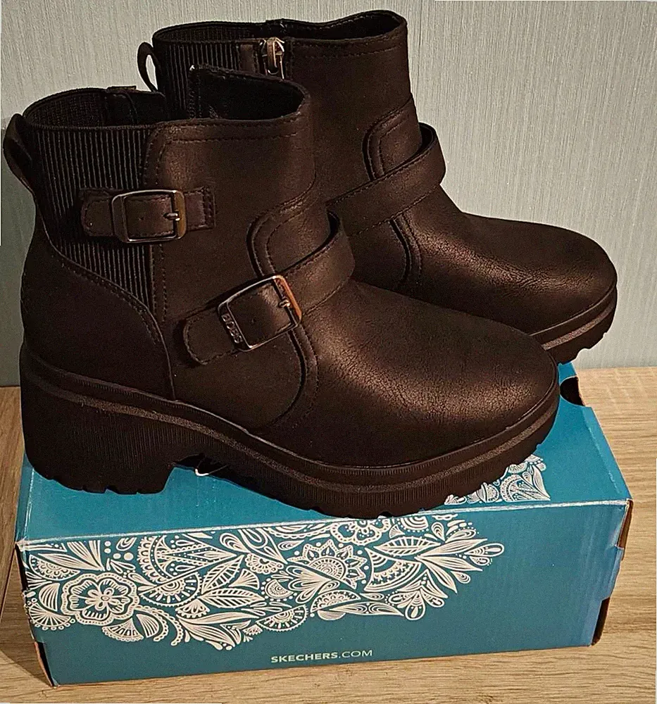 SKECHERS Damen Stiefeletten Leder schwarz Memory Foam ZIP Schnalle EU 38