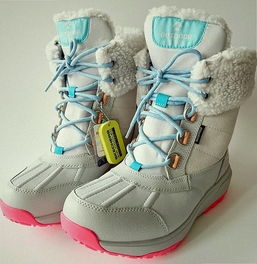Skechers Schneestiefel Snow Boots Leder Gripp Gr 37 24 cm wasserdicht Grau Fell
