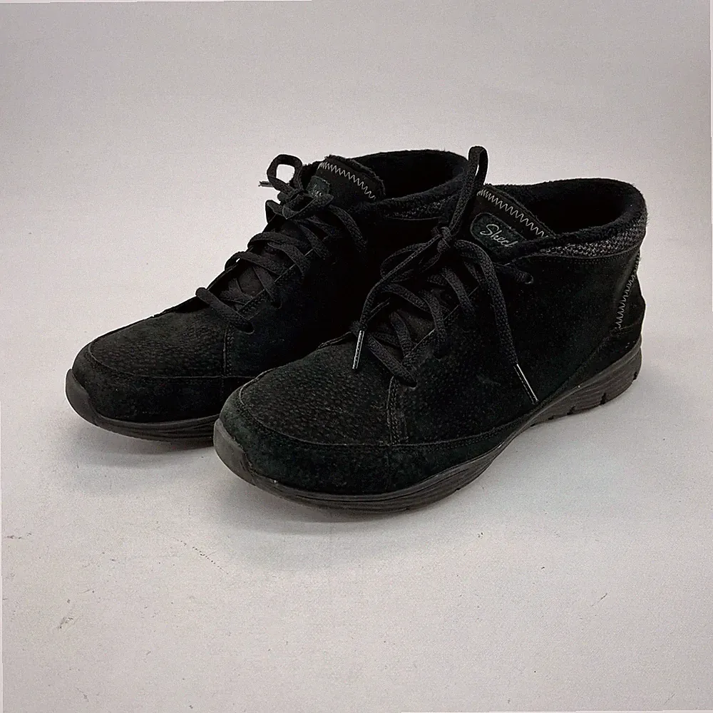 Skechers Seager Hi Stiefeletten Damen UK6,5 schwarz Leder Kunstfellfutter Spitze
