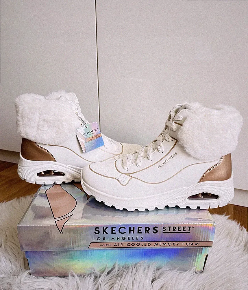 Skechers Uni Rugged Stiefel Boots Winterstiefel weiß rosegold Kunstfell