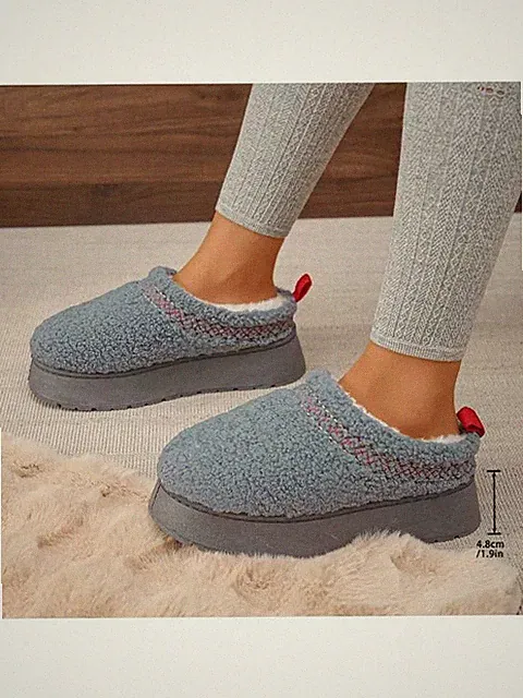 Slipper Halbschuhe Slipper Leder 5 cm Kunstfell Pantoletten Grau 33478