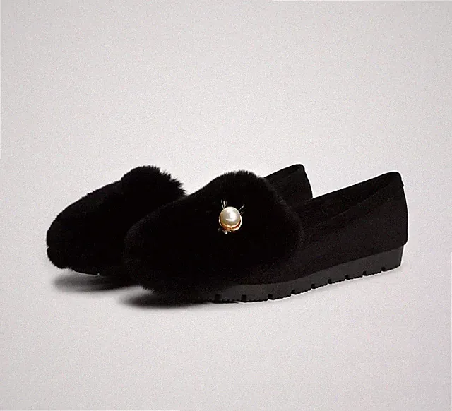 Slipper Halbschuhe Slipper Leder Kunstfell City Slipper Schwarz CZ497
