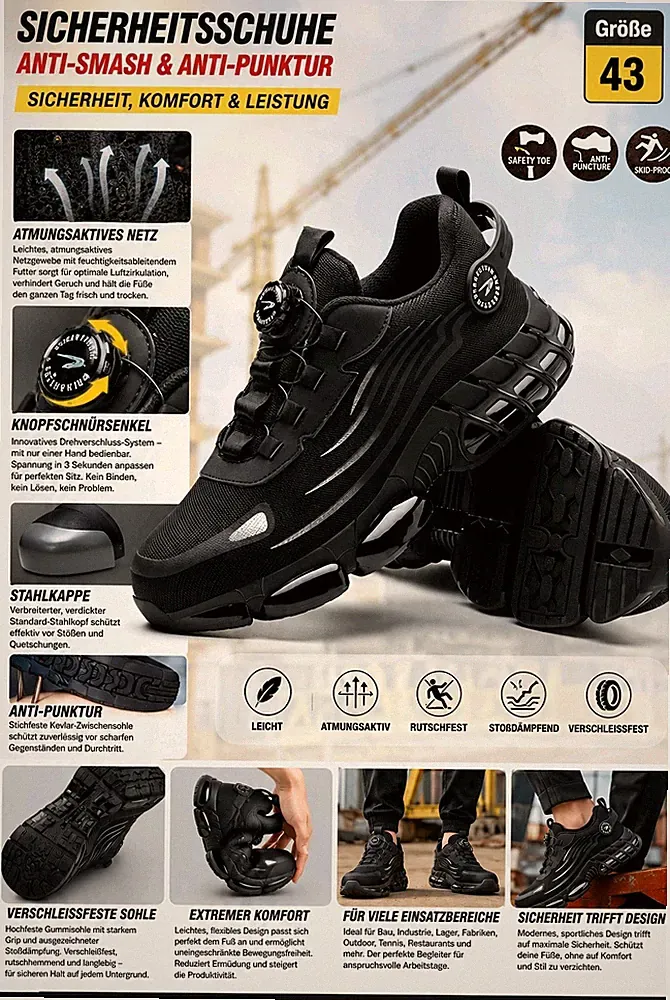 Sneaker Sicherheitsschuhe S3 Sportliche Arbeitsschuhe Drehknopf Stahlkappe 43