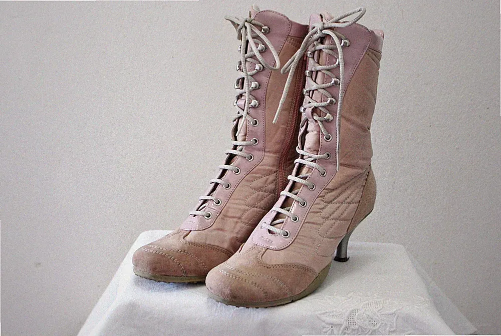 Sneaker Stiefelette 38 Schnürschuhe Rosa Lace up Leder u. Satin Vintage Kitten