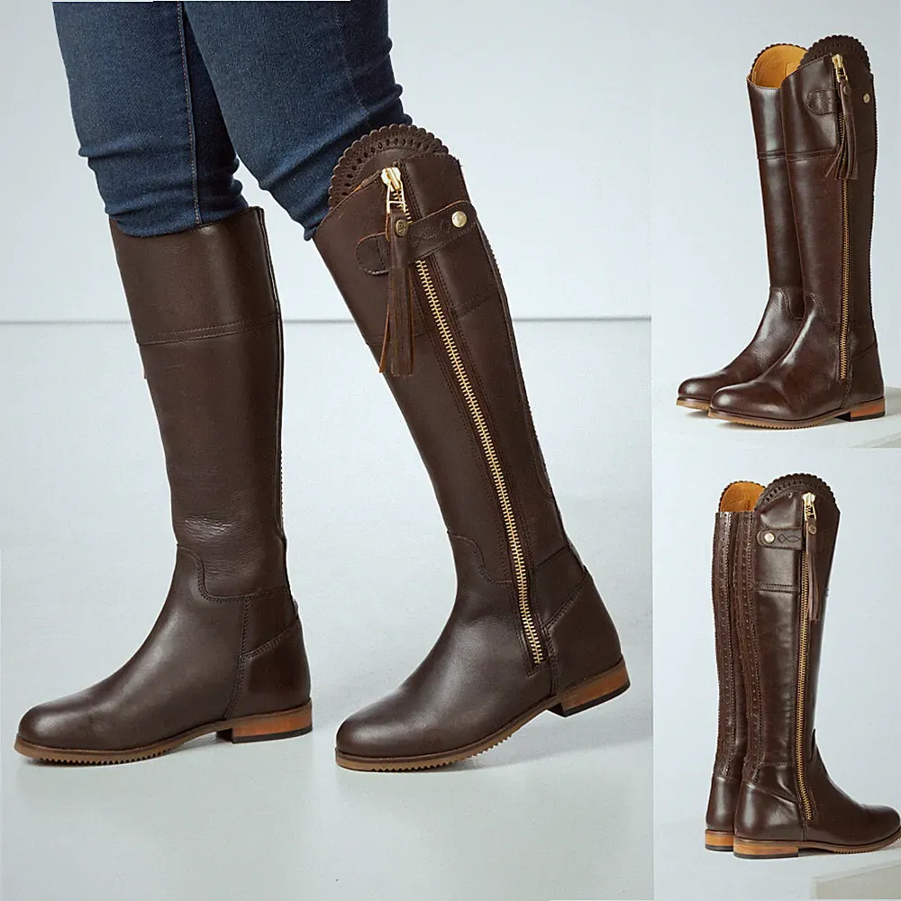 Spanische Damenreitstiefel Damen durchgehender Reißverschluss hoher Stiefel Leder 3 Farben Rydale