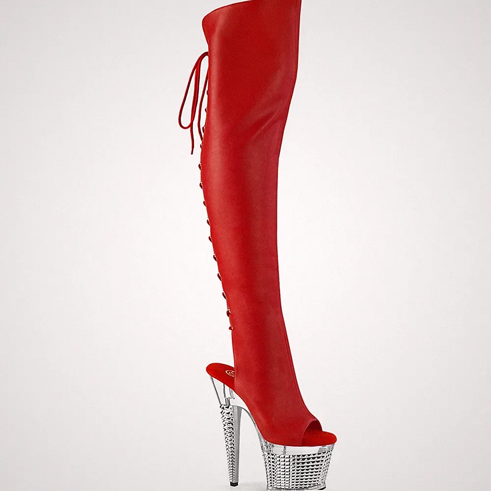 SPECTATOR-3019 Pleaser struktur Plateauoverkneestiefel rot Matt silber Chrom