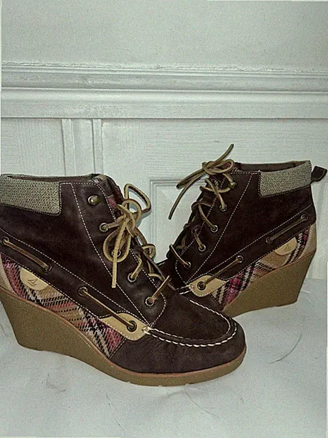 Sperry Top-Sider braun & hellbraun Wolle kariert Keilabsatz Boot Schnürstiefel UK 8M