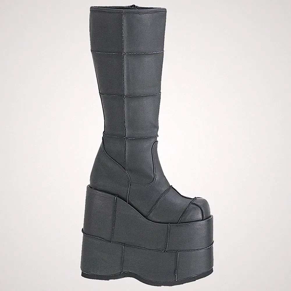 STACK-301 Damenia Unisex kniehohe Plateasutiefel Flicken Optik schwarz Lederlook