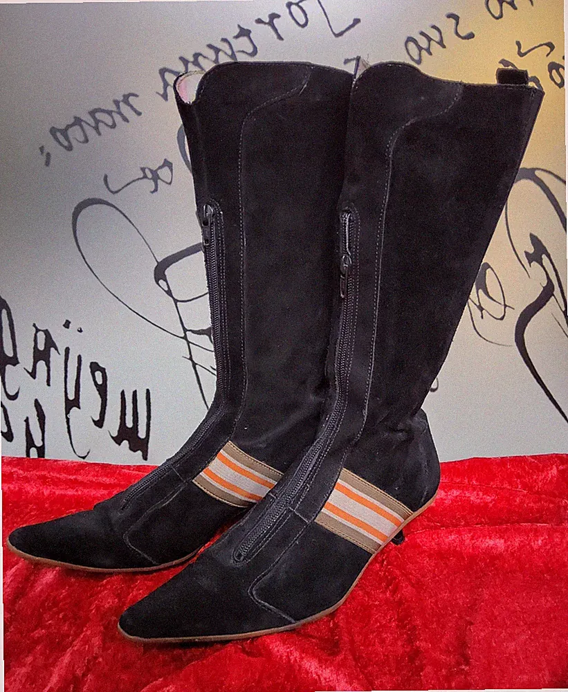 STIEFEL 37/38 SCHWARZ VINTAGE ❗️LEDER+WEB-TAPES RETRO❗️ FRONTREIßVERSCHLUSS...