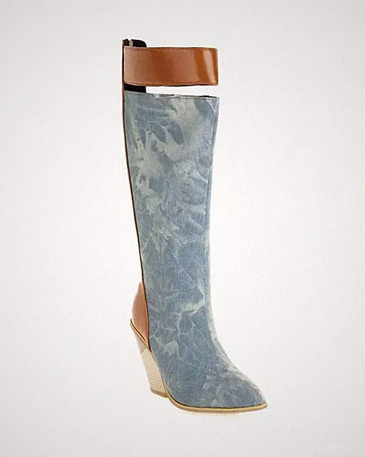 Stiefel Stiefeletten Damen knielang Kunstleder bequem 10 cm jeansblau CZ299