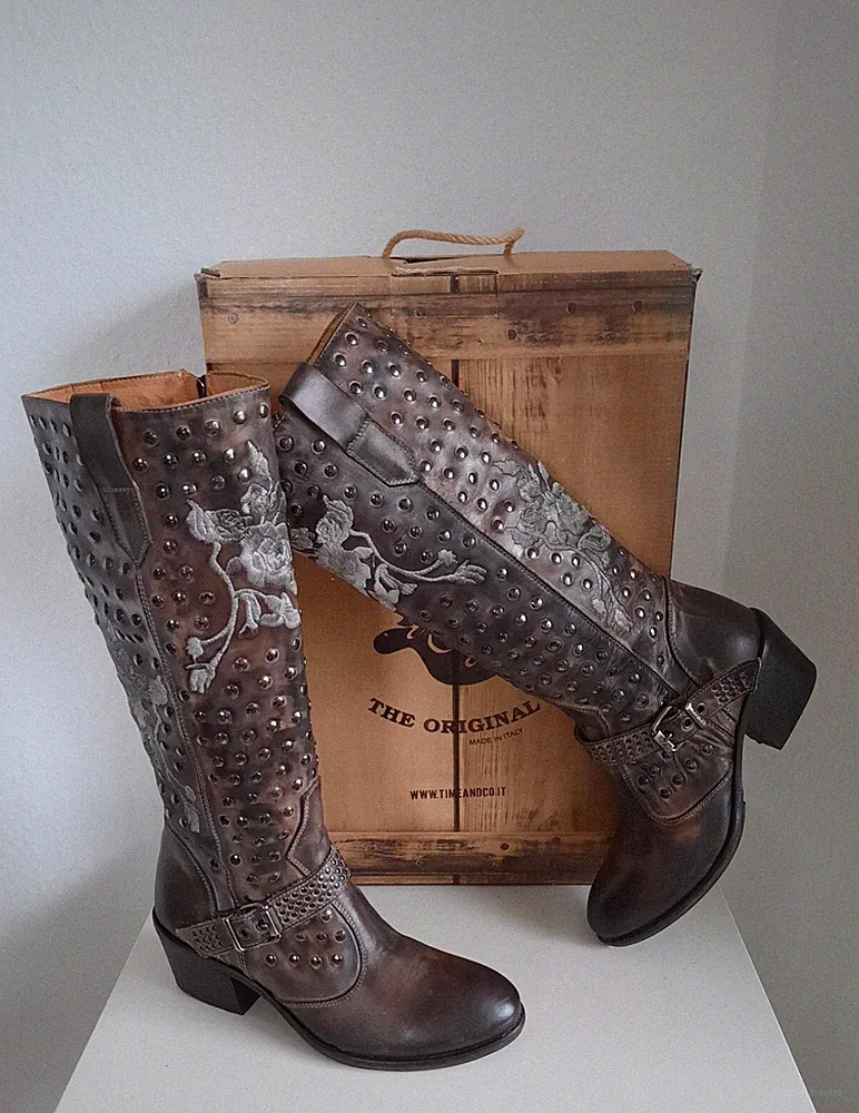 Stiefel We Are 38 grau Nieten Stickerei Boots Biker Used Look Langschaft