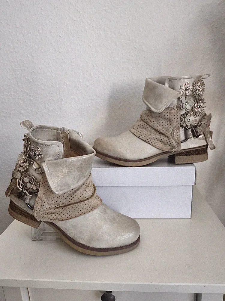 Stiefelette Erynn 38 beige Blumen Glitzer Boots Stiefel