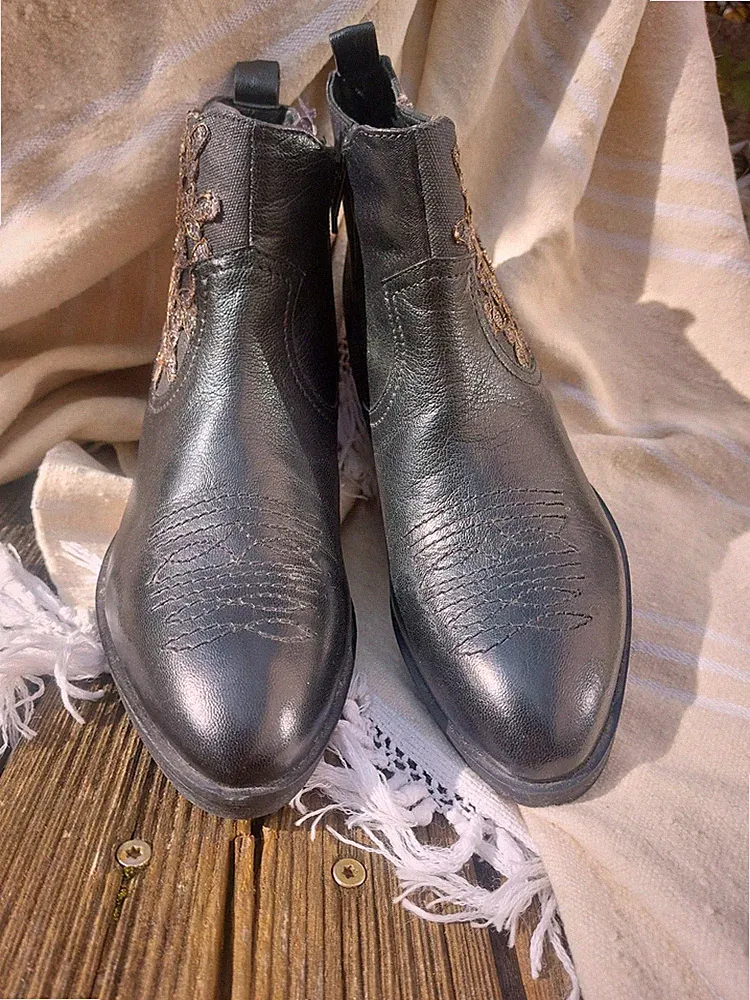 Stiefeletten Gr. 39 Leder Schwarz Handmade Italien Cowboy Western, Applik. Neuw