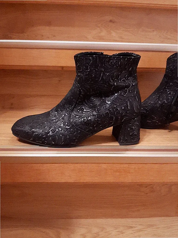 Stiefeletten, Stiefel GABOR Gr. 6, Schwarz mit floralem Design und Glitzer
