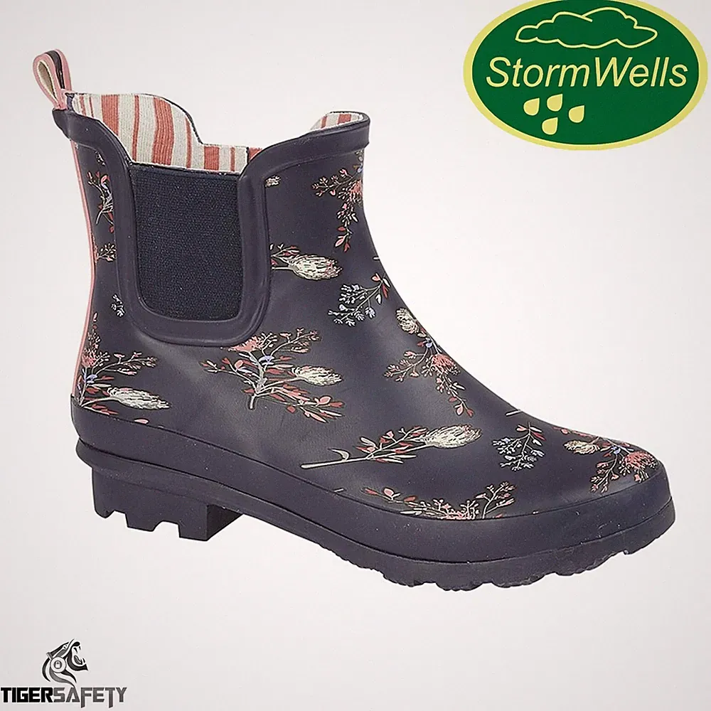 Stormwells Damen Marineblau Blumenmuster Knöchel Gummistiefel Kurz Gummistiefel