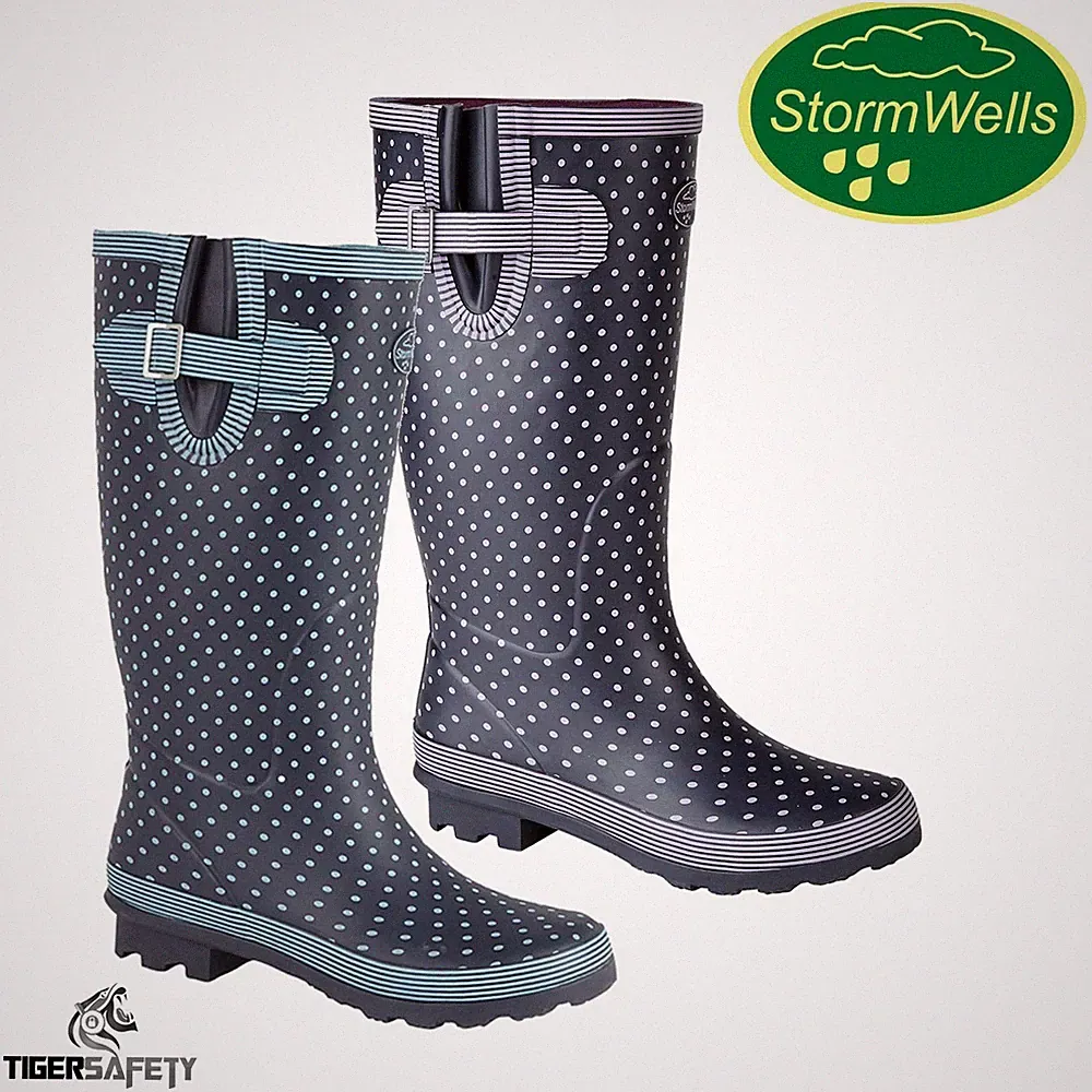 Stormwells Damen Wadenstiefel V-Naht Blau Punkte Wellies Gummistiefel