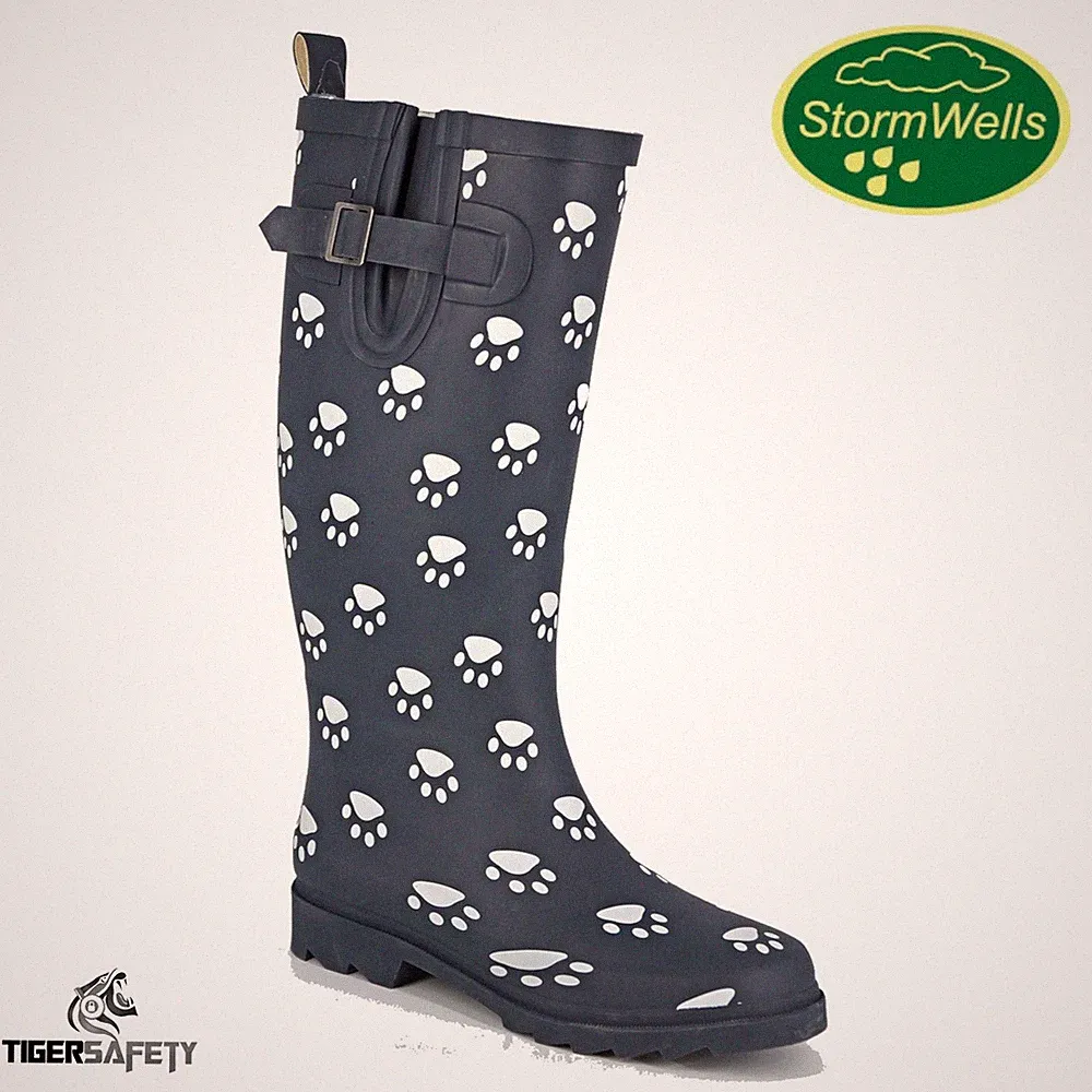 Stormwells Marineblau Hund Pfotenabdruck Damen Weite Wade Gummistiefel