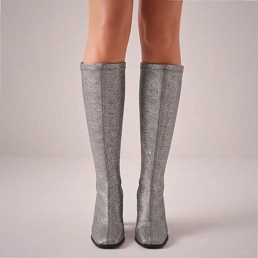 Stretch Stiefel Damen 39 Silber Metallic Made in Italy Schlangenoptik Kniehoch