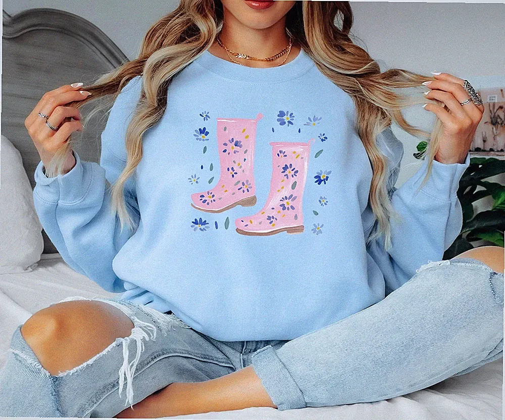 Süßes geblümtes Damen Sweatshirt rosa Gummistiefel Naturliebhaber...