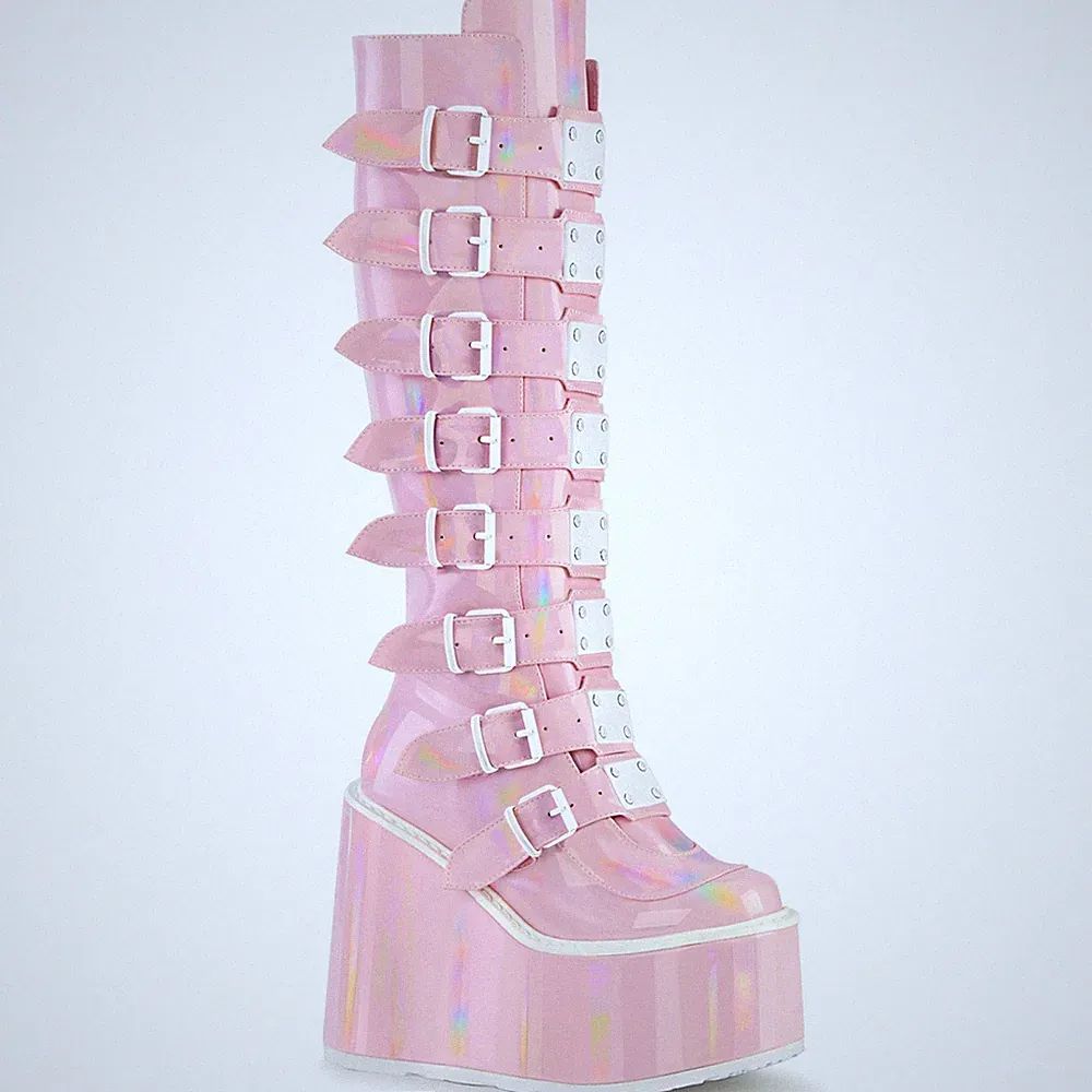 SWING-815 Damenia Damen Gothic Punk Keilplateaustiefel babypink Hologramm Lack