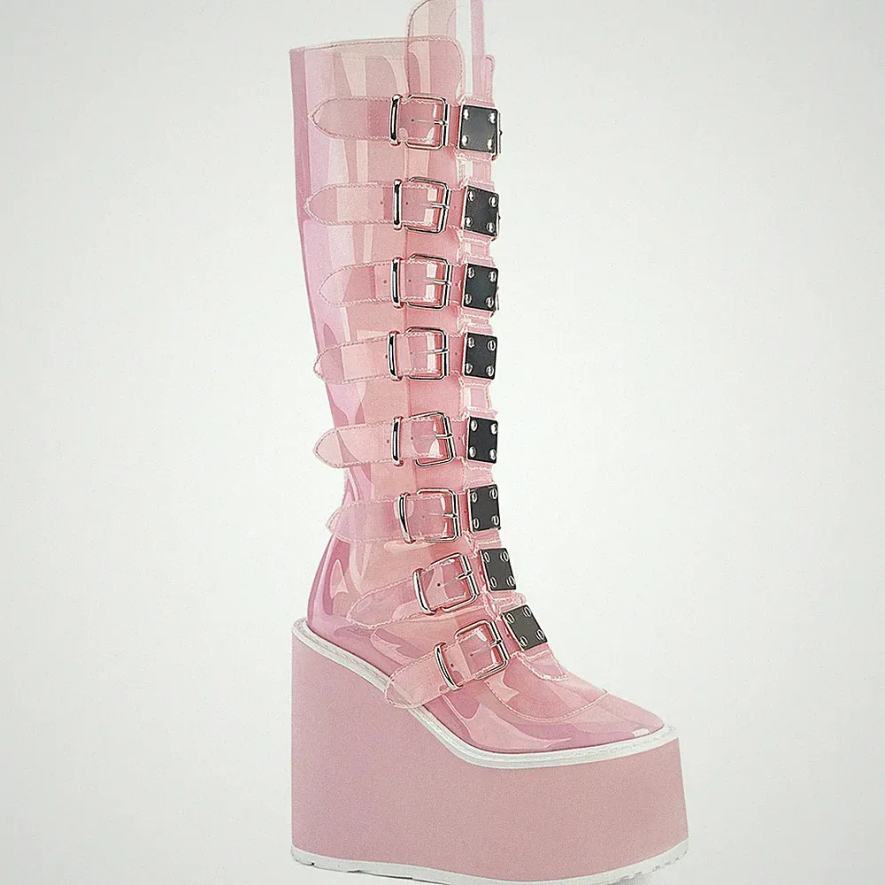 SWING-815C Damenia vegane Damen Keilplateau Stiefel babypink getönt 16 Schnallen