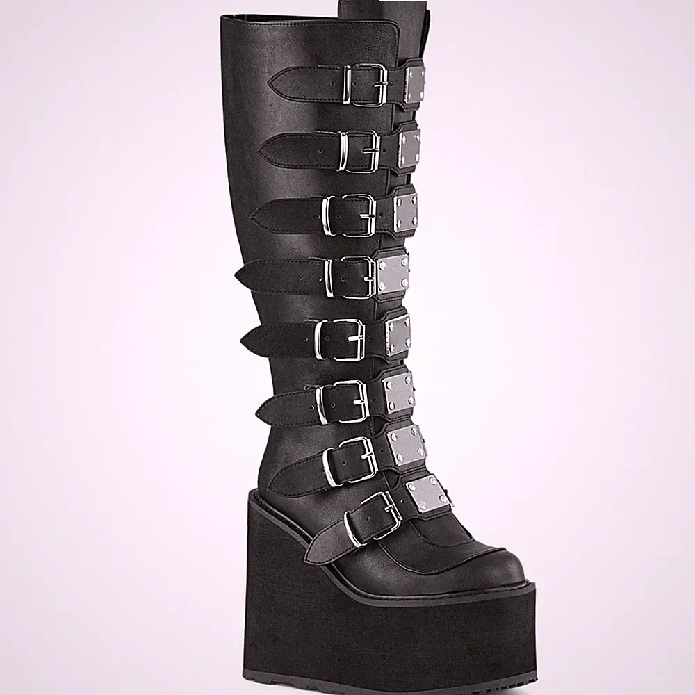 SWING-815WC Damenia Damen Keil-Plateaustiefel extra Weite schwarz Lederoptik