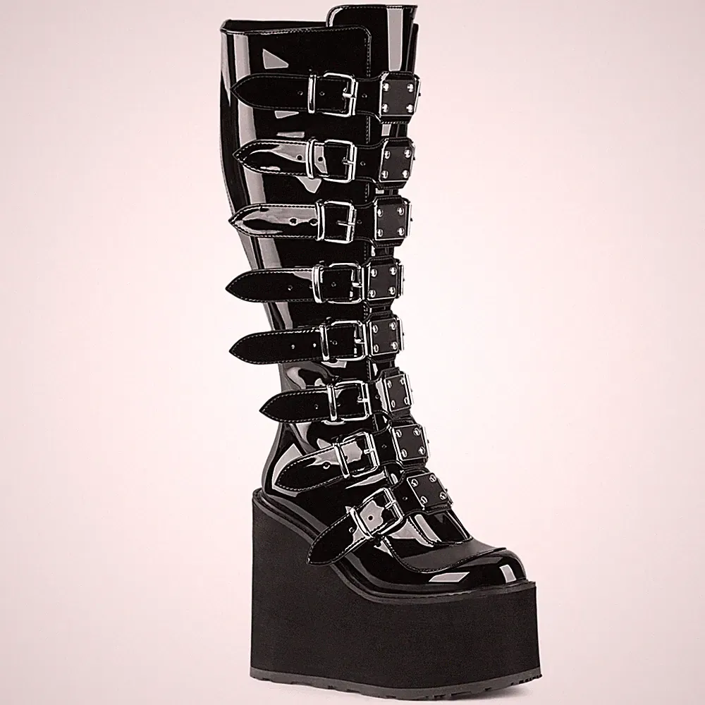 SWING-815WC Damenia vegane Damen Keil-Plateaustiefel extra Weite schwarz Lack