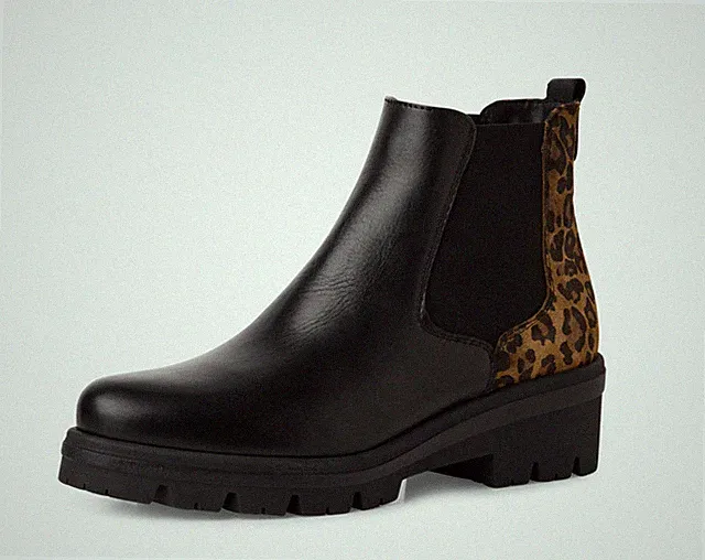 Tamaris 25446 Chelsea Stiefeletten mit Gummizug Leder schwarz und Leopard Absatz 5,5 cm