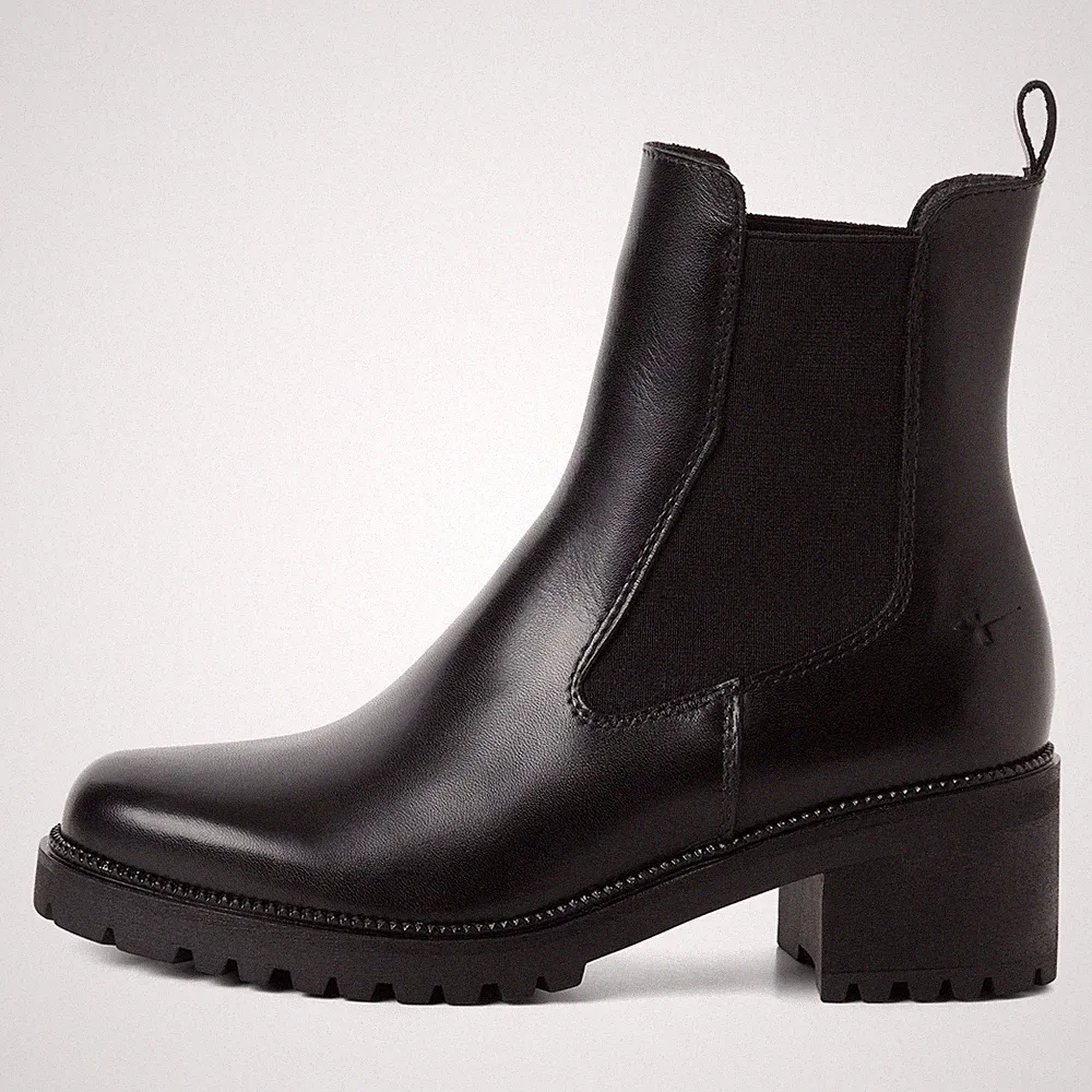 Tamaris Damen Chelsea Boot 25407 Schwarz | Leder Stiefelette mit Blockabsatz