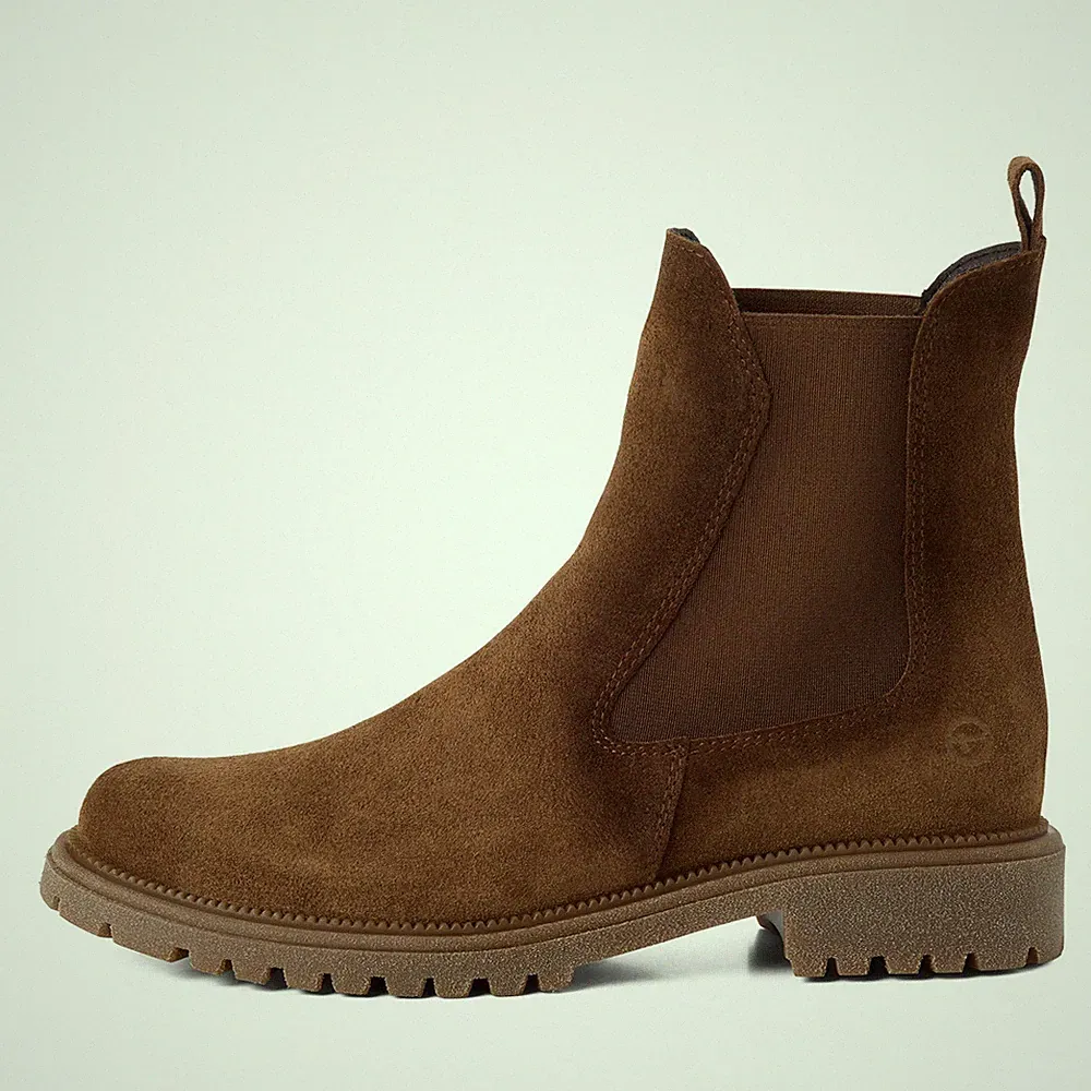 Tamaris Damen Chelsea Boots 25427 Braun - Stiefelette Nubukleder mit Fußbett