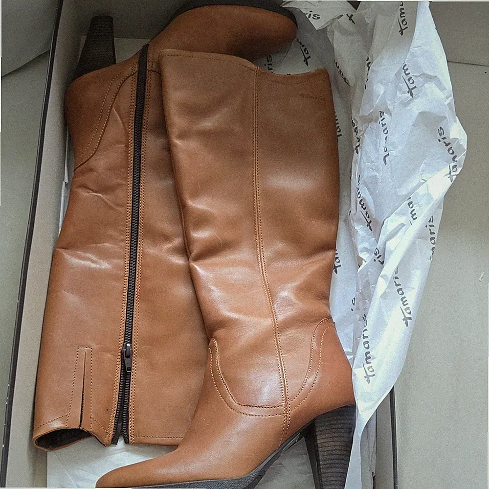 Tamaris Damen Kniehohe Stiefel Leder Braun Reißverschluss Blockabsatz