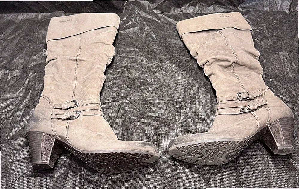 Tamaris Damen Stiefel Gr. 40 Taupe/Grau – Langschaft – Blockabsatz – Boots