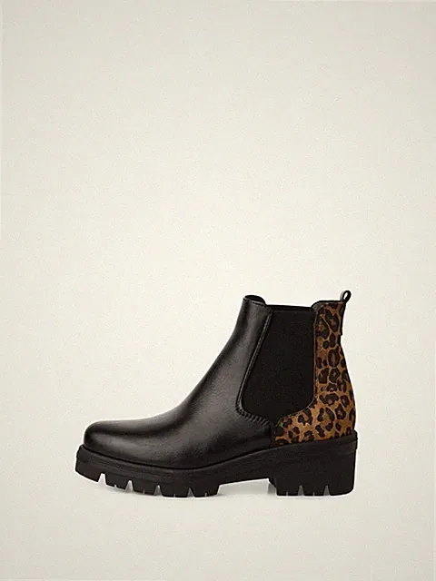 TAMARIS DAMEN STIEFELETTE MIT SEITLICHEN GUMMIBÄNDERN LEDER SCHWARZ +LEOPARD 25446