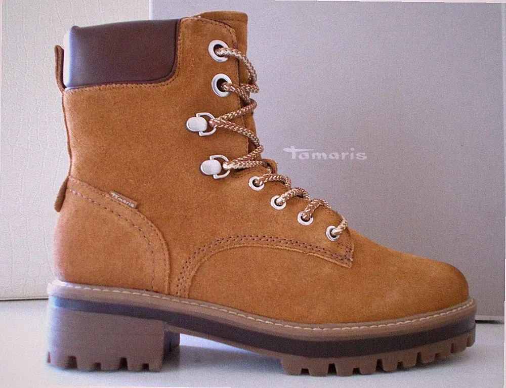 Tamaris Damen Stiefeletten Wildleder gelb/braun, Schnürung+Reißverschluss EU-39130€