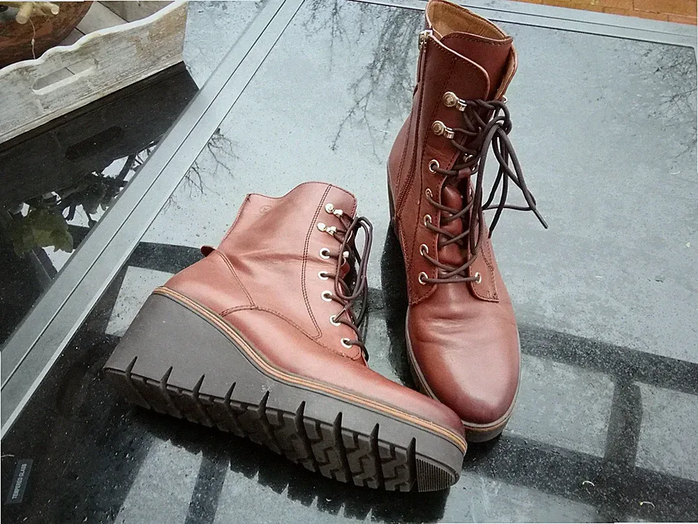 Tamaris Leder Schnürboots Schnür Stiefeletten Booties Keilabsatz braun 40 bequem