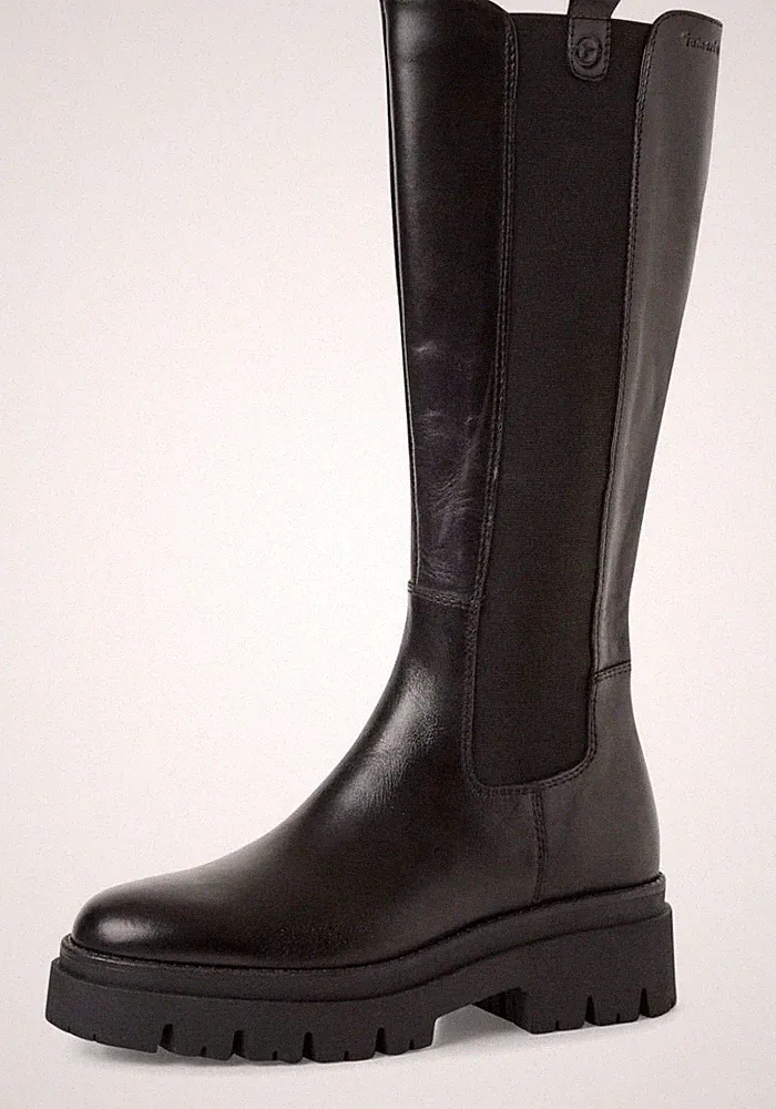 Tamaris Stiefel Schwarz Glatt Leder Langschaftstiefel Gummizug Reißverschluss