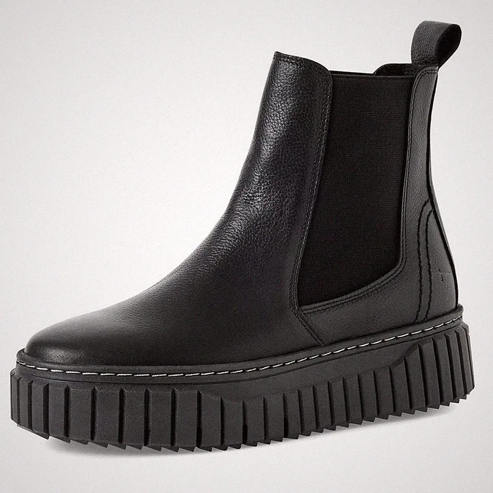 Tamaris Stiefelette Schwarz Leder Plateau Chelsea Stiefel Gummizug Boot