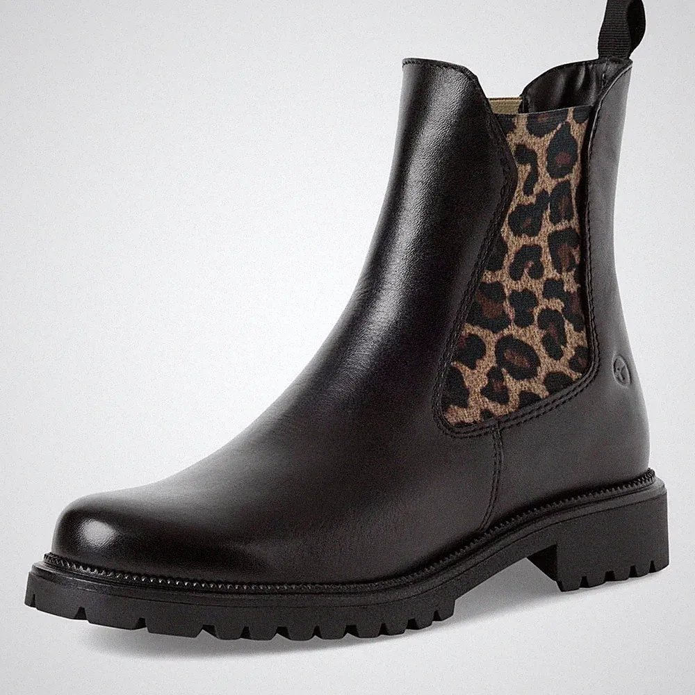 Tamaris Stiefelette Schwarz Leopard Leder Chelsea Stiefel Gummizug Boot