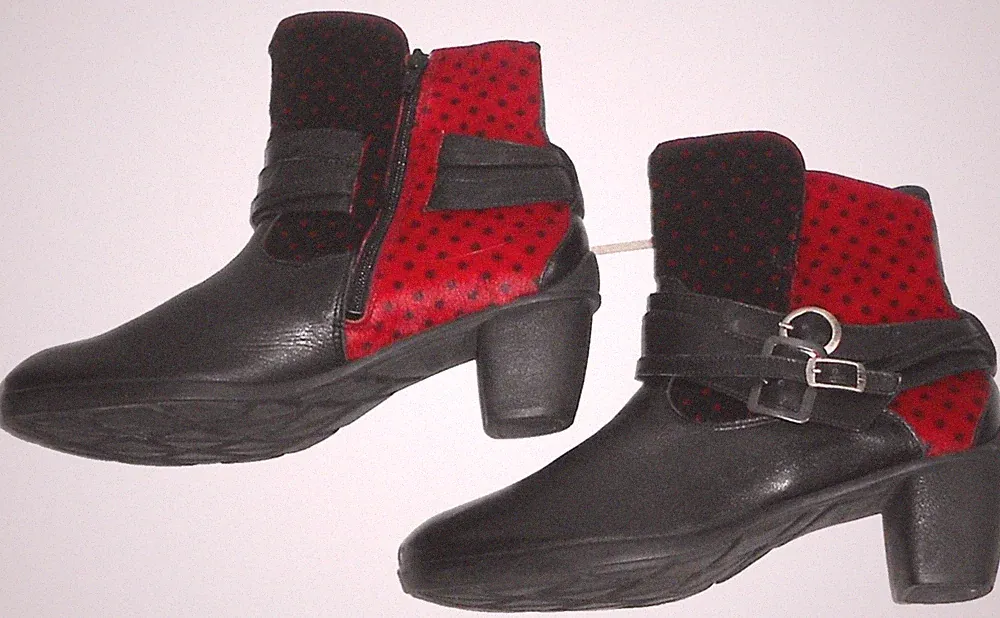 THINK DAMEN LEDER STIEFEL Gr.39 ANKLE BOOTIE STIEFELETTE BOOTS SCHWARZ + ROT