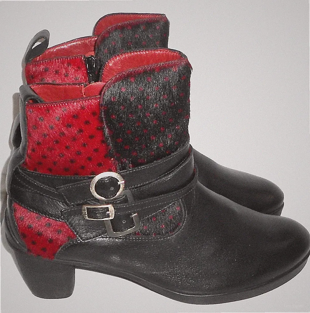 THINK DAMEN LEDER STIEFEL Gr.39 ANKLE BOOTIE STIEFELETTE BOOTS SCHWARZ + ROT