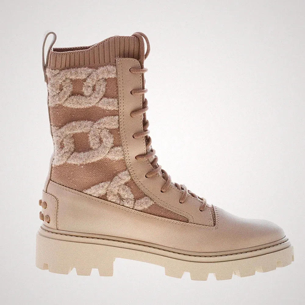 TOD'S Damen Schuhe Amphibio Kate Leder dunkelbeige Strickstoff Stretch