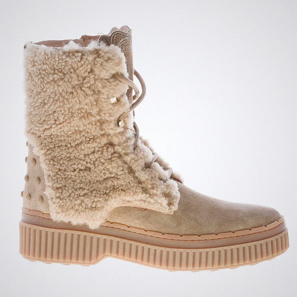 TOD'S Damen Schuhe Schnürstiefelette Wildleder Tabak hell mit Schaf