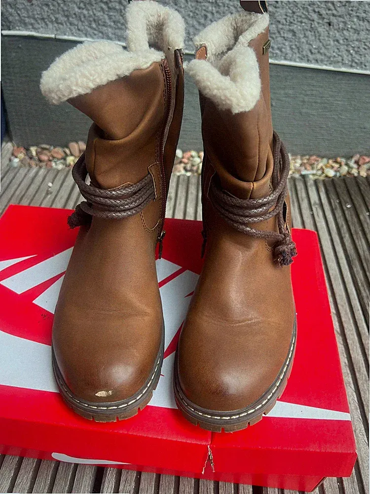 Tom Tailor Womens Winter Boots Size 36 EU 6 US Brown Fur Lined Zip Ankle Booties