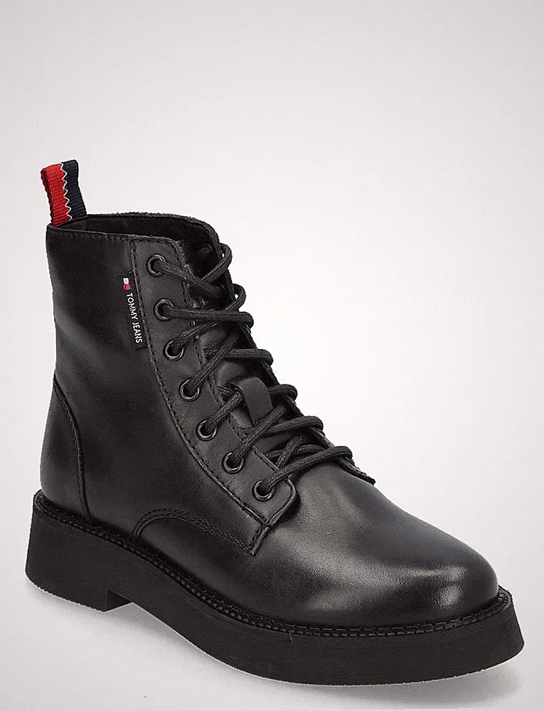 Tommy Jeans Damen Stiefeletten Schwarz Leder Schnürer Flat Boot Gr. 36 und 38 NEU